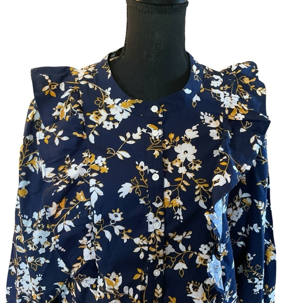 J. Crew Navy Floral Ruffle Blouse Long Sleeve Size L - Picture 3 of 10